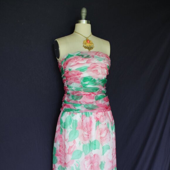 ALBERT NIPON By Night Vintage 80's Rose Silk Organza Strapless Maxi Dress Gown - Picture 3 of 9